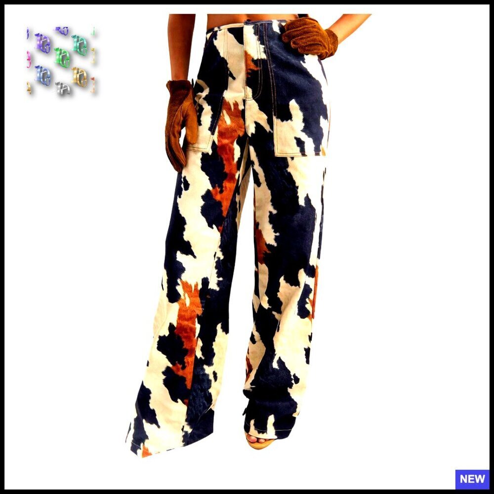 Graphic Denim Wide Leg Trousers High Waisted Streetwear Casual Pants